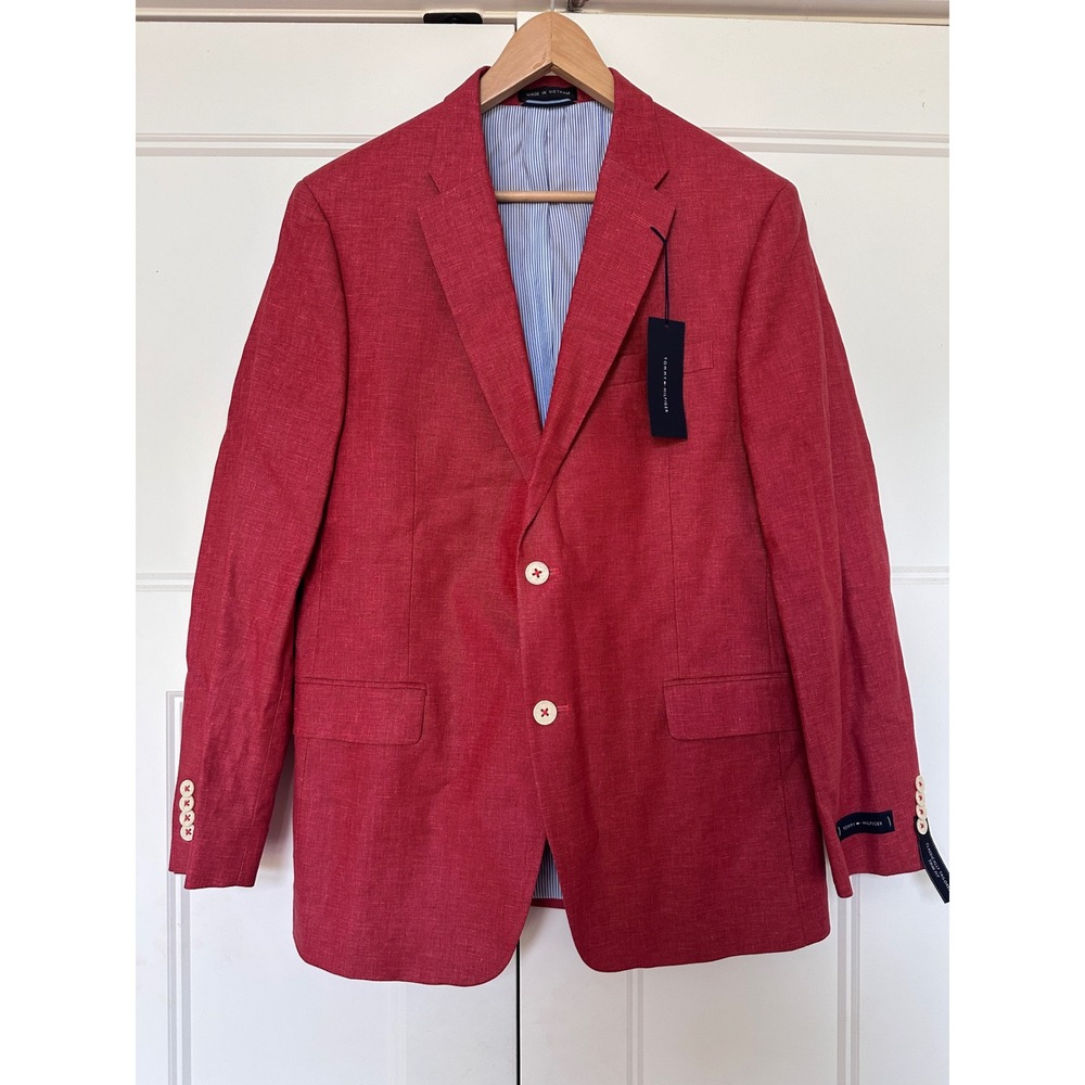 Tommy Hilfiger Blazer Mens 40R Ethan Red Linen Blend Trim Fit Sport Coat